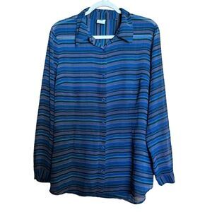 CAbi Top Womens Large Multicolor Stripe Button Up Shirt Sheer Blouse